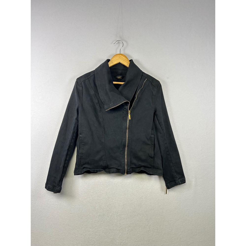IMAN‎ Moto Jacket Womens Medium Black Asymmetric Zip Gold Hardware Denim